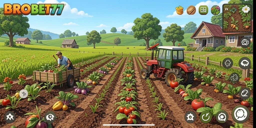 Tampilan gameplay seru di <strong>BROBET77</strong> dengan aktivitas bertani yang menyenangkan.