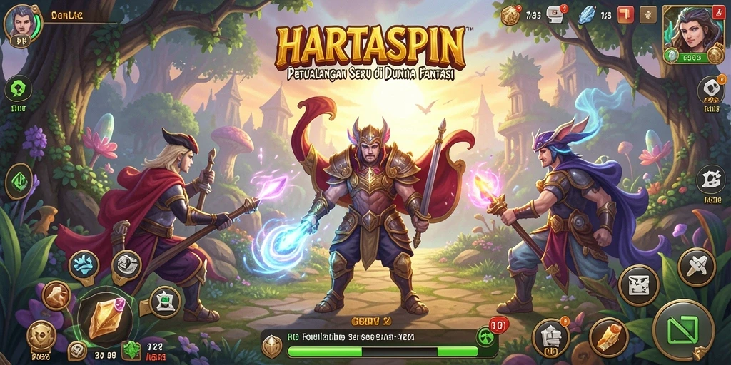 Tampilan gameplay HARTASPIN dengan karakter menjelajahi dunia fantasi.