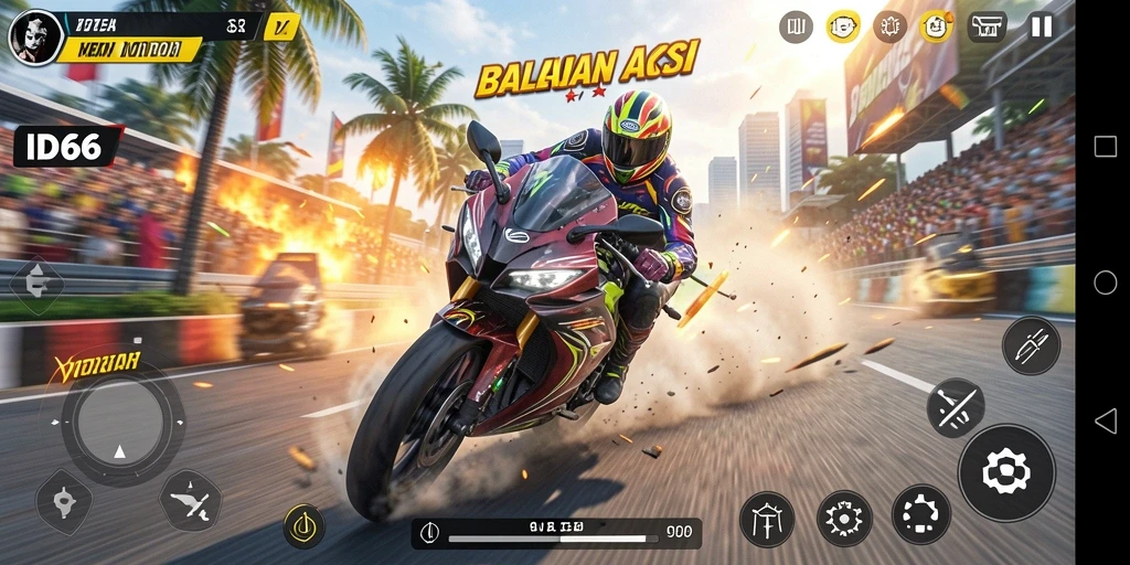 Gameplay seru ID66 dengan balapan motor penuh aksi.