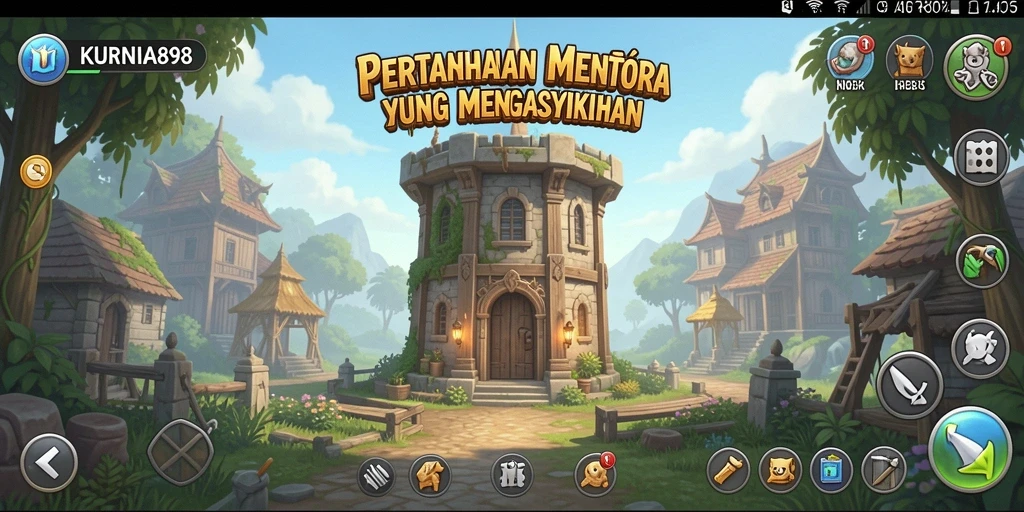 Tampilan gameplay KURNIA898 dengan menara yang megah.
