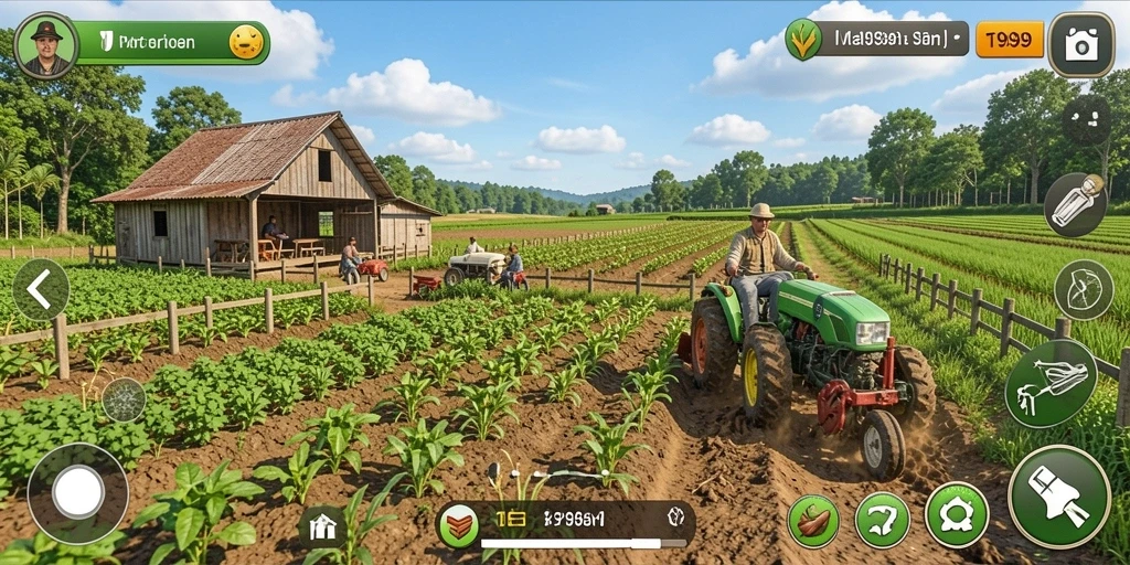 Screenshot gameplay T9999 menampilkan aktivitas seru di lahan pertanian.