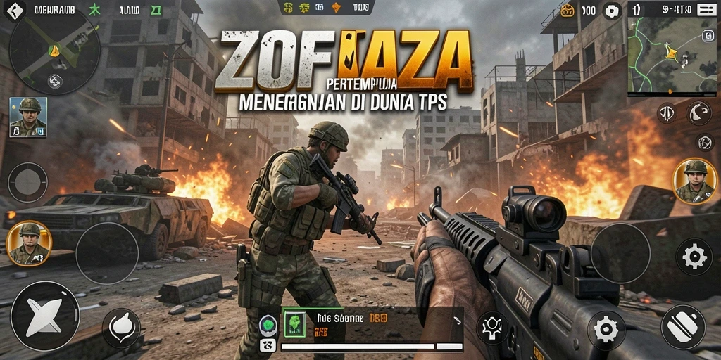 Screenshot utama ZOFAZA menampilkan pertempuran seru dengan grafis menawan.